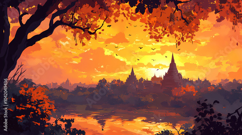 Illustration of digital art of a ayuthaya city skyline at sunset. Thai Temple. Illustration