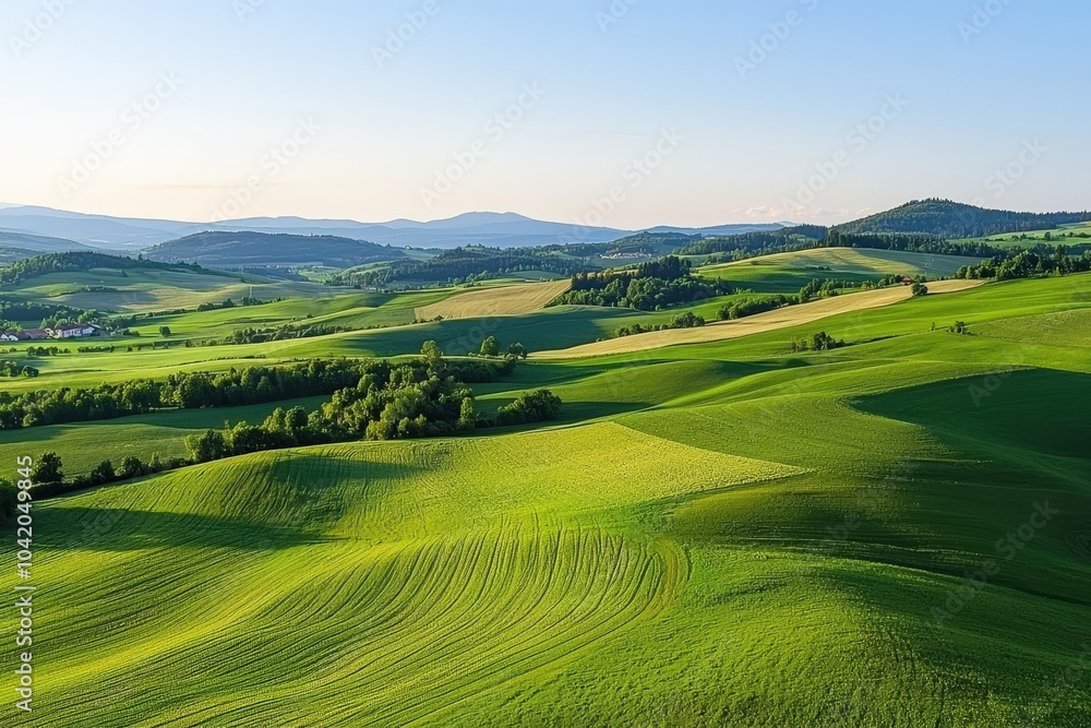 Lush green hills undulating under a clear blue sky in a serene countryside landscape Lush green hills undulating under a clear blue sky in a serene countryside landscape