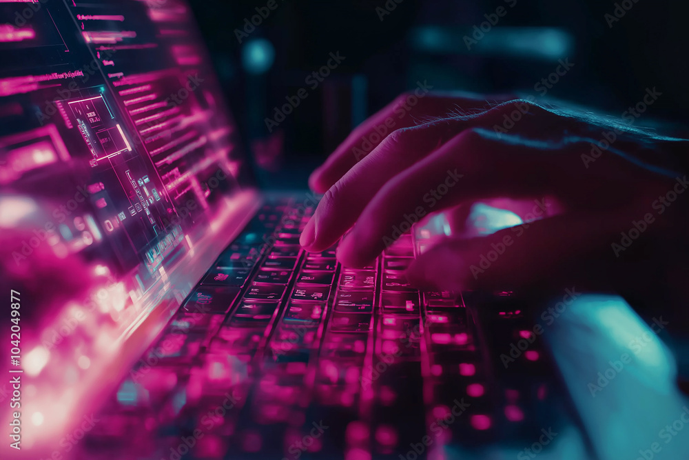 Hands, person and typing on keyboard for research, information and data with system technology. generative AI Hands, person and typing on keyboard for research, information and data with system technology. generative AI