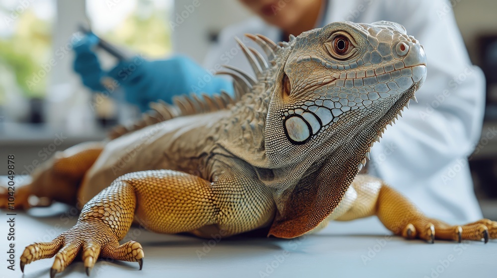 Fototapeta premium Green iguana lying on examination table while veterinarian is taking notes