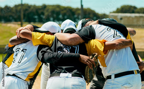 Men, baseball and huddle with team for sport, meeting or collaboration on grass field in nature. Group, players or male people in circle, unity or solidarity for game strategy or motivation on pitch