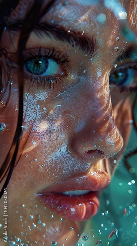 Close-Up Underwater Portrait of a Woman with Blue Eyes