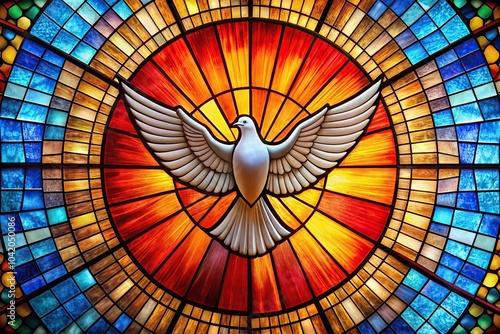 Colorful stained glass window depicting a holy spirit dove