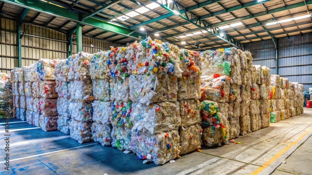 Fototapeta premium Plastic garbage bales at waste plant for disposal