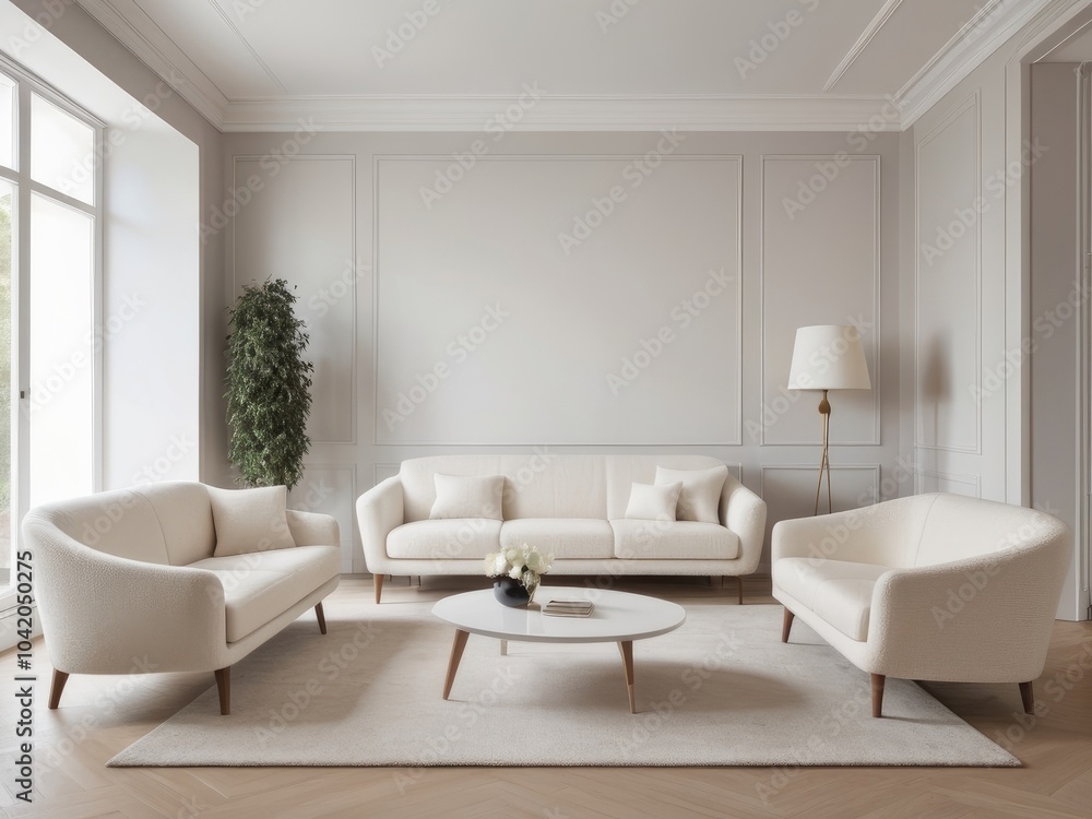 Fototapeta premium two frames mock up on white wall with sunlight in living room interior with gray sofa and coffee table with decor, 3d rendering