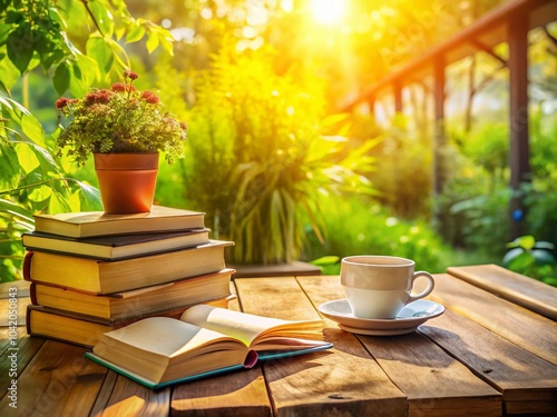 Sunlit Books on a Table: A Serene Reading Space in Natural Light