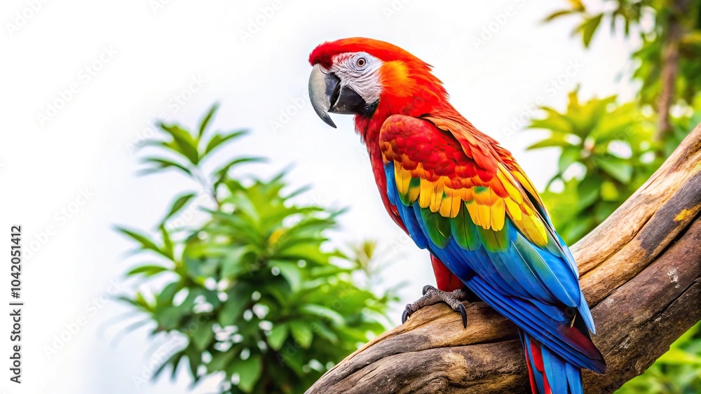 Fototapeta premium Colorful macaw parrot perched on a tree on a white background