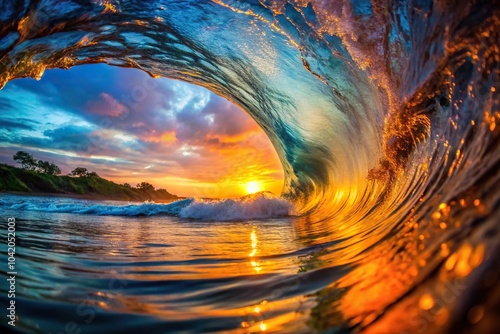 Fototapeta Naklejka Na Ścianę i Meble -  Colorful sunset inside a barrel wave macro
