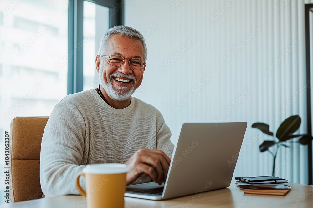 An older man is sitting at a desk with a laptop and a cup of coffee An older man is sitting at a desk with a laptop and a cup of coffee