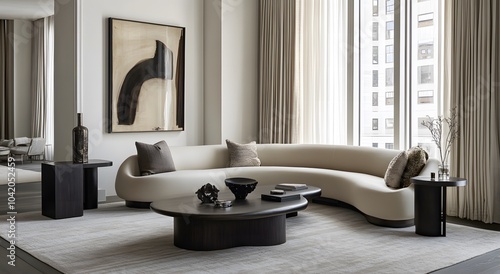 An elegant and comfortable living room decorating idea is curved sofa in beige tones, soft seats for relaxation. The space has a neutral color palette with abstract art on the walls and a coffee table
