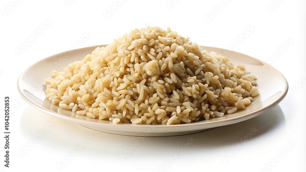 Plate of cooked brown rice on a white background from low angle view Plate of cooked brown rice on a white background from low angle view