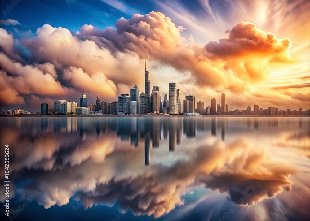 Fototapeta premium Surreal Cityscape with Flowing Clouds and Swirling Skyline in Minimalist Style