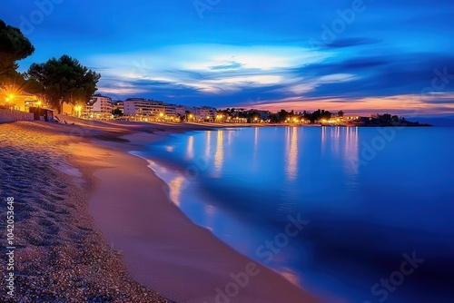 Serene twilight by the beach with shimmering waters and city lights reflecting photo