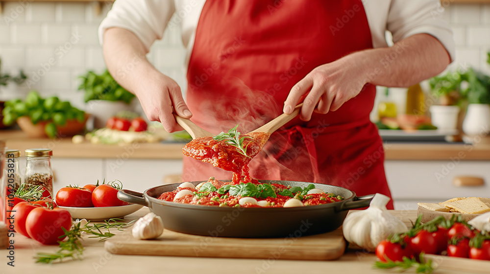 Chef Preparing Tomato Sauce in Kitchen with Fresh Ingredients Chef Preparing Tomato Sauce in Kitchen with Fresh Ingredients