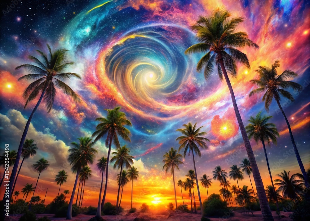 Naklejka premium Surreal Dreamscape of Palm Trees Under a Cosmic Sky