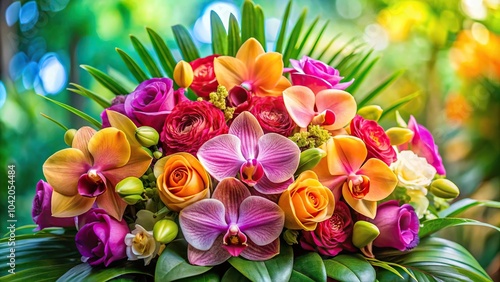 Colorful tropical bouquet with orchid and rose flowers