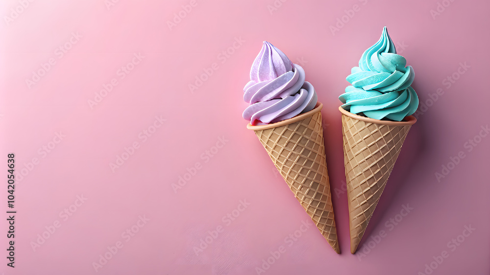 Two colorful ice cream cones with lavender and mint swirls on a pastel pink background with copy space
Two colorful ice cream cones with lavender and mint swirls on a pastel pink background with copy space