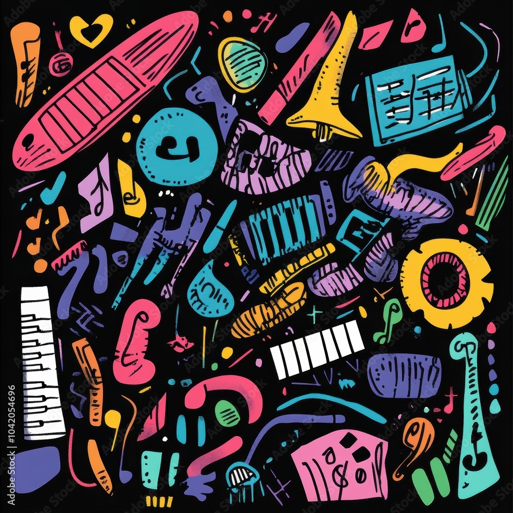 A dynamic arrangement of musical instruments, notes, and sound waves fills the space with energy and creativity, celebrating music's joy. Generative AI A dynamic arrangement of musical instruments, notes, and sound waves fills the space with energy and creativity, celebrating music's joy. Generative AI