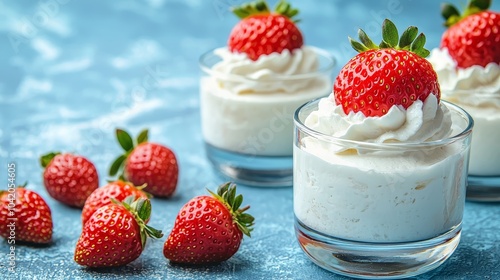 Sumptuous Strawberry Delights on Blue Background - Tempting Desserts with Fresh Berries and Whipped Cream, Perfect for Celebrations and Sweet Occasions