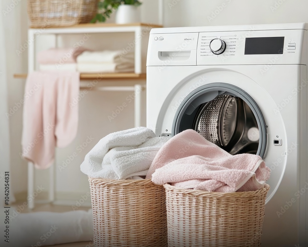 Luxurious White Washing Machine Closeup with Wicker Baskets in Organized Bathroom Home Appliance Product Photography Luxurious White Washing Machine Closeup with Wicker Baskets in Organized Bathroom Home Appliance Product Photography