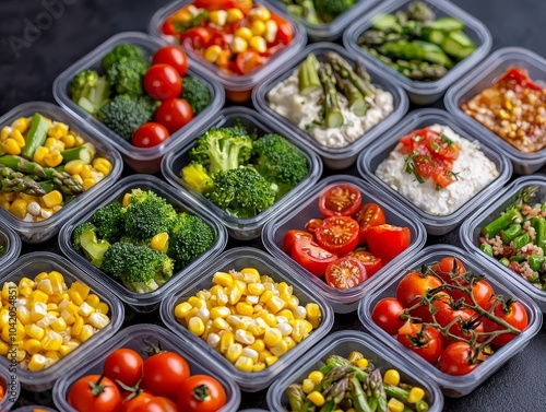 Fresh Vegetable Medley in Clear Containers on Dark Surface - Vibrant Colors, Healthy Eating Concept