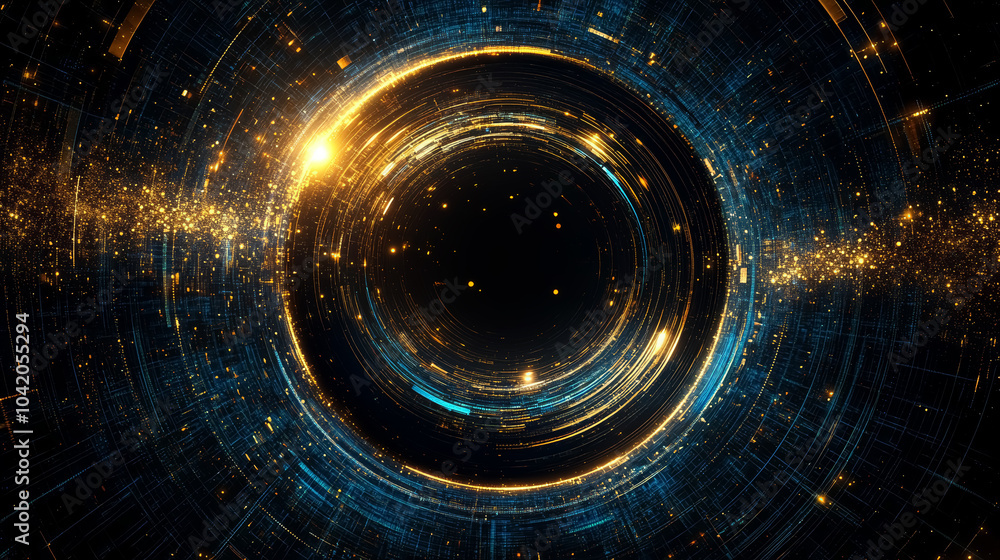 Creative glowing blue and golden tech circle on dark background. Big data and futuristic digital technology concept. Creative glowing blue and golden tech circle on dark background. Big data and futuristic digital technology concept.