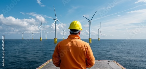 Vibrant Offshore Wind Turbine Inspection Worker in Yellow Hard Hat, Bright Orange Jumpsuit Observing Vast Blue Sea and Sky