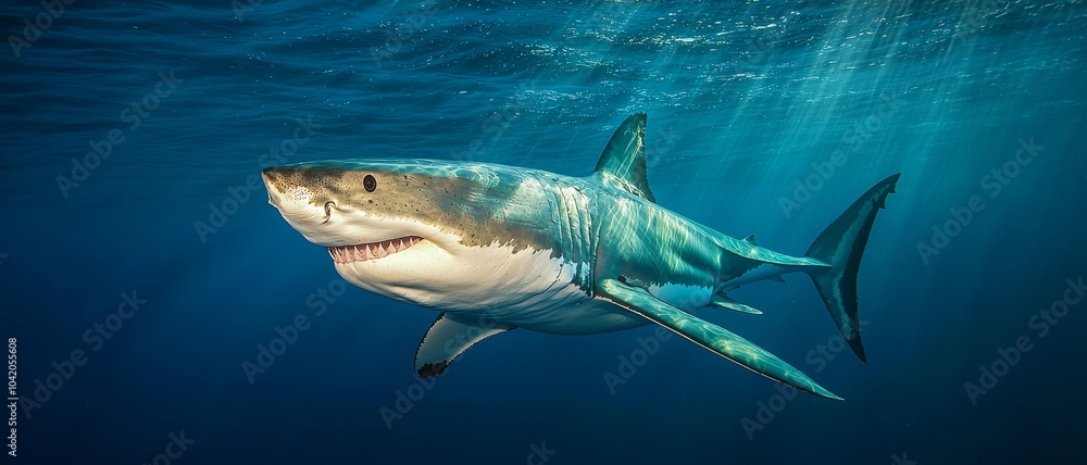 Majestic Underwater Encounter Closeup of Great White Shark in Sunlit Depths Majestic Underwater Encounter Closeup of Great White Shark in Sunlit Depths