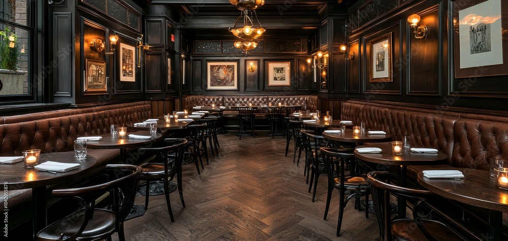 Naklejka premium Elegant Dining Room Interior with Brown Leather Banquettes, Candle-lit Table, and Cozy Atmosphere in Upscale Restaurant Luxurious Fine Dining Setting