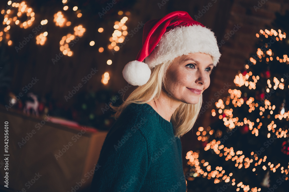 Photo of pretty retired woman look empty space dressed christmas garment tradition atmosphere decor house indoors room Photo of pretty retired woman look empty space dressed christmas garment tradition atmosphere decor house indoors room