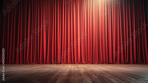 Red Theater Curtain with Wooden Stage