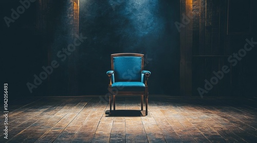 Vintage chair in spotlight on a dimly lit wooden stage photo