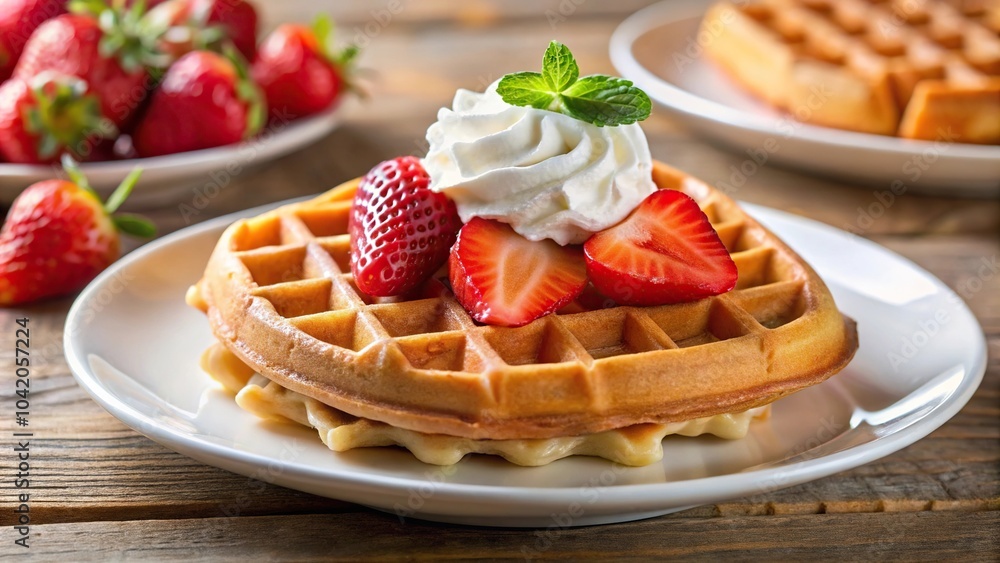 Plate of waffles with whipped cream and strawberries, selective focus Plate of waffles with whipped cream and strawberries, selective focus