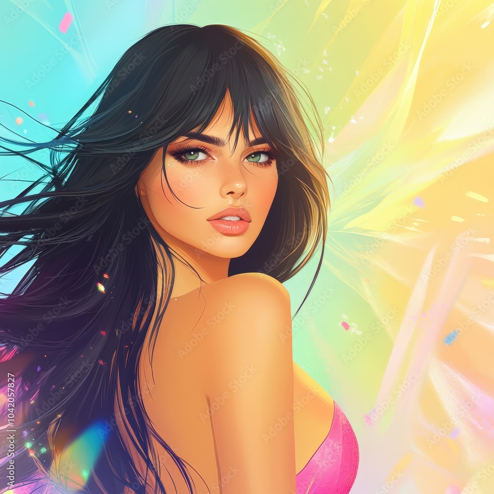 Radiant summer vibes with a beautiful woman in a colorful, dreamy background at sunset Radiant summer vibes with a beautiful woman in a colorful, dreamy background at sunset