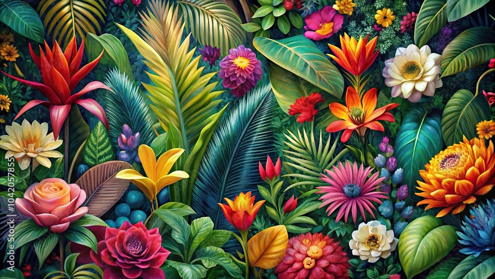 Naklejka premium Colorful wallpaper featuring exotic plants and flowers with a forced perspective angle