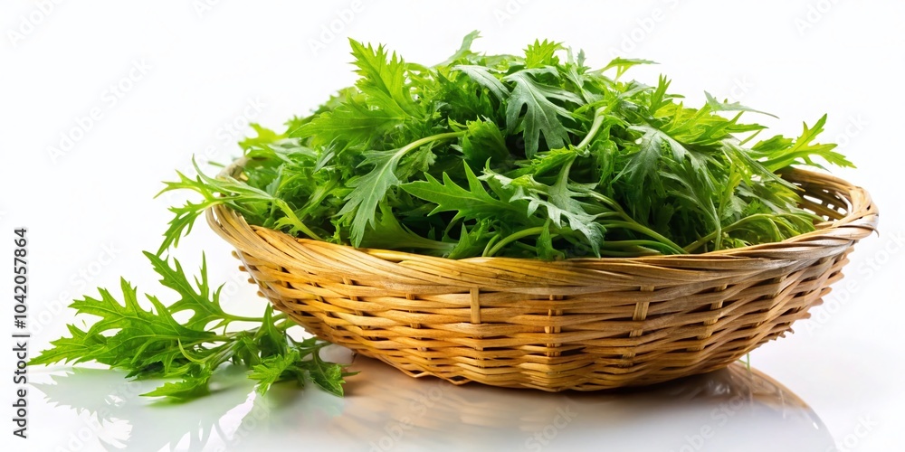 Surreal Mizuna Vegetation in a Basket Isolated on White Background for Fresh Produce and Culinary Themes Surreal Mizuna Vegetation in a Basket Isolated on White Background for Fresh Produce and Culinary Themes