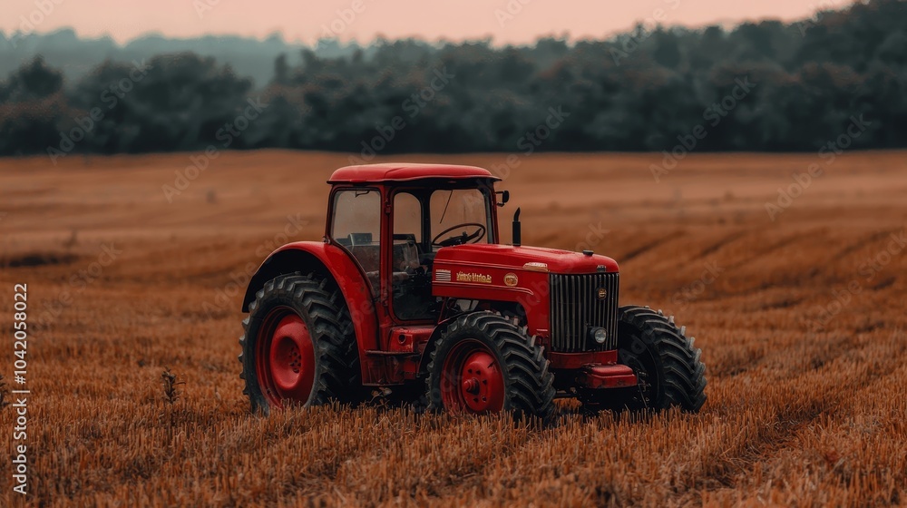 Fototapeta premium Tranquil Red Tractor in Rural Sunset Field - Rustic Farm Landscape Serenity