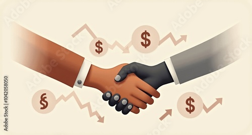 Unity in brown and gray with blending gradients, dollar signs, and rising arrows, symbolizing financial cohesion. Texture overlays create depth and prioritize economic unity in the design.