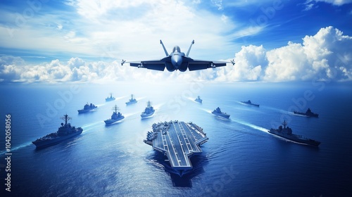 Military Fleet with Fighter Jet Over Ocean	 photo