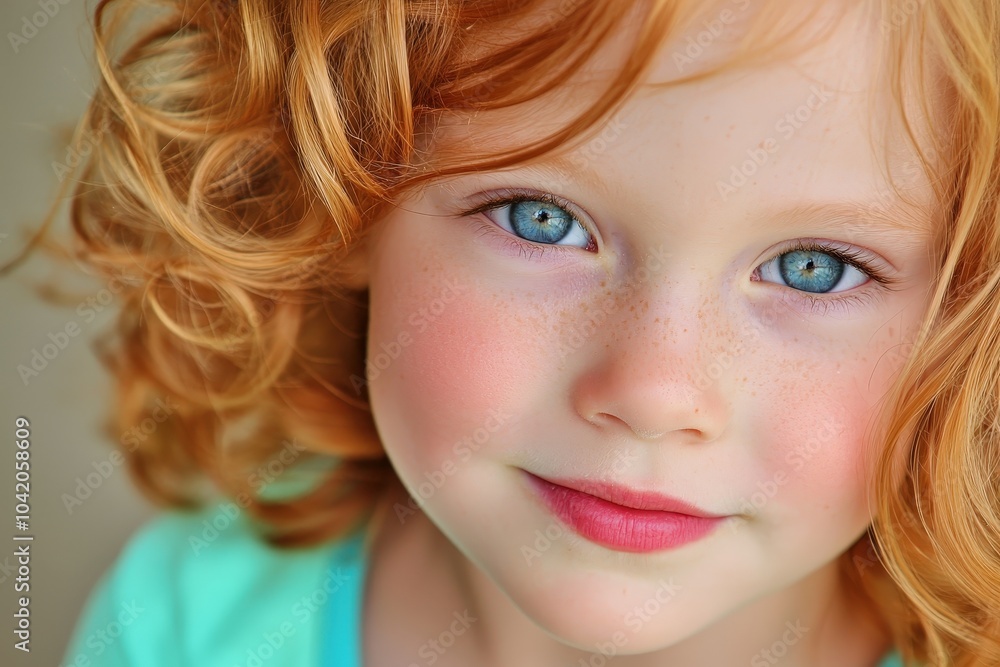 Bright blue eyes and curly red hair of a young girl enjoying a sunny day outdoors Bright blue eyes and curly red hair of a young girl enjoying a sunny day outdoors