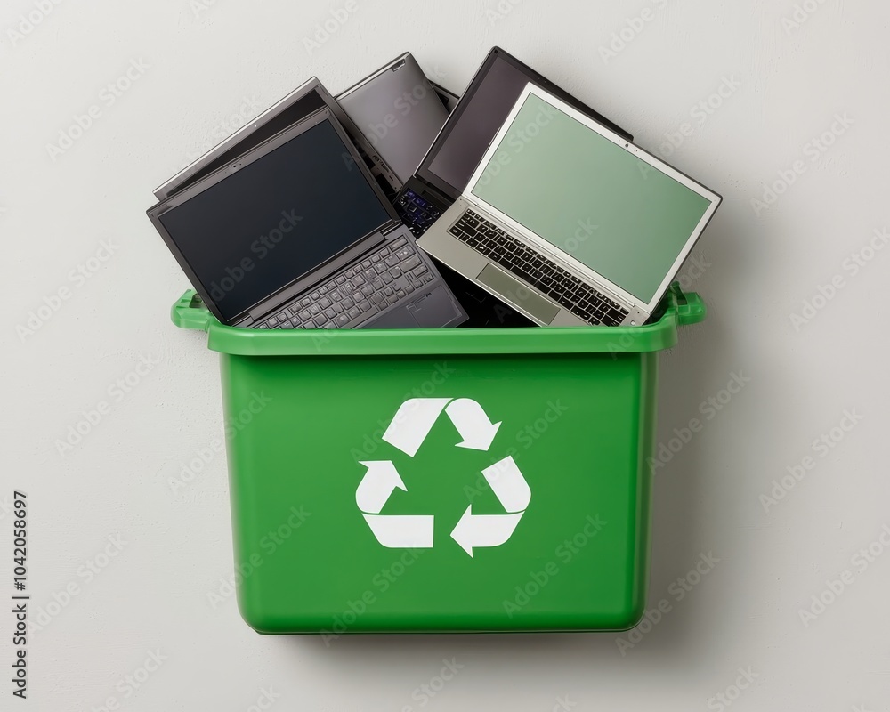 Abundant Green Recycling Bin with Discarded Laptops in Eco-Friendly Concept on Textured Background - Environmental Responsibility and Sustainable Technology Abundant Green Recycling Bin with Discarded Laptops in Eco-Friendly Concept on Textured Background - Environmental Responsibility and Sustainable Technology