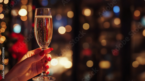 Elegante Frauenhand mit rotem Nagellack hält funkelndes Champagnerglas. Festliche Silvester-Stimmung mit Bokeh-Lichtern. Glamouröse Party-Atmosphäre für Neujahr photo