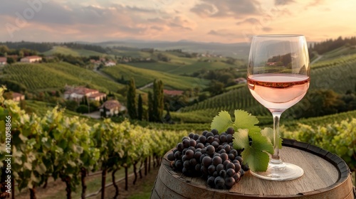 Wallpaper Mural Rustic Romance in Vineyard Closeup of Pink Wine Glass on Wooden Barrel with Grapes, Serene Countryside Sunset - Ideal for Wine Marketing or Wall Art Torontodigital.ca