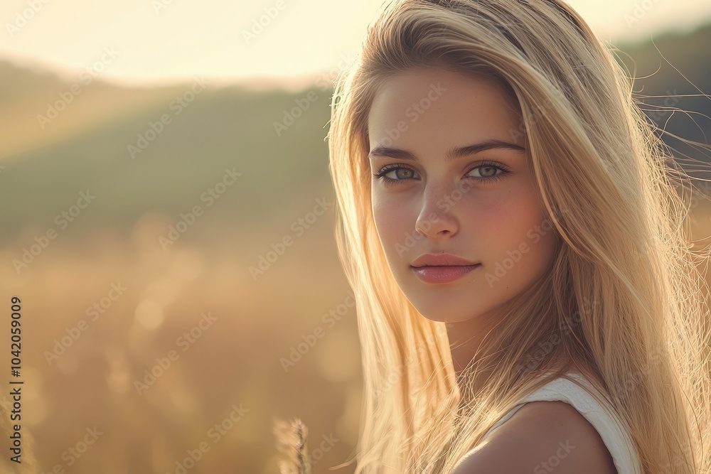 Golden hour portrait of a young woman with flowing hair in a serene meadow setting Golden hour portrait of a young woman with flowing hair in a serene meadow setting