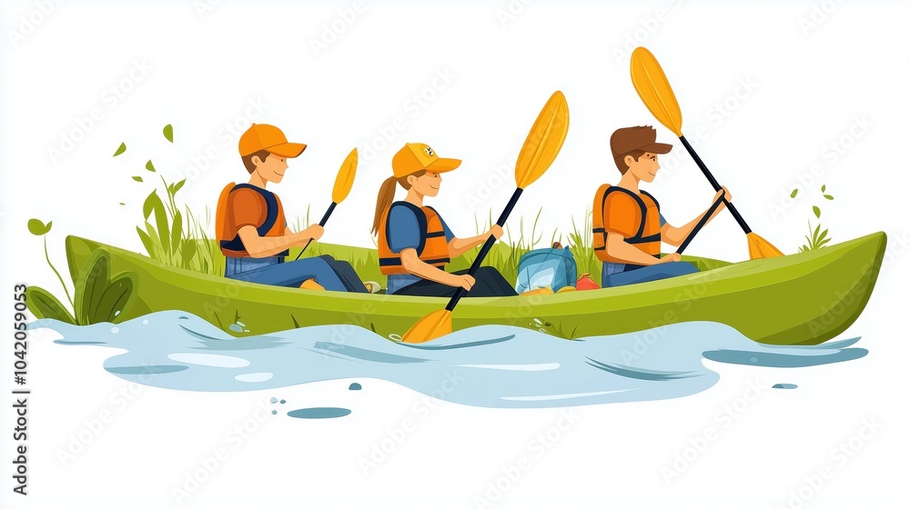 Kayakers Paddling on Scenic River Illustration Kayakers Paddling on Scenic River Illustration