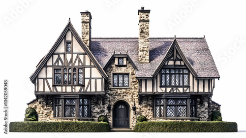 Photorealistic tudor house 3d model - isolated on white background. tudor architecture. illustration. Tudor Mansion. Illustration