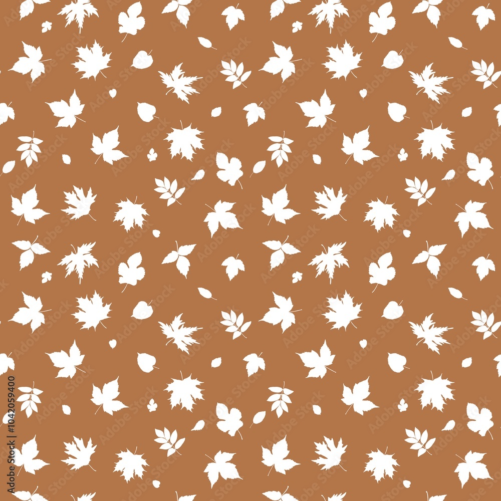 Beige background seamless pattern with little white silhouettes of autumn leaves. The illustration creates a sense of simplicity and naturalness, ideal for creating backgrounds, textiles, wallpapers. Beige background seamless pattern with little white silhouettes of autumn leaves. The illustration creates a sense of simplicity and naturalness, ideal for creating backgrounds, textiles, wallpapers.