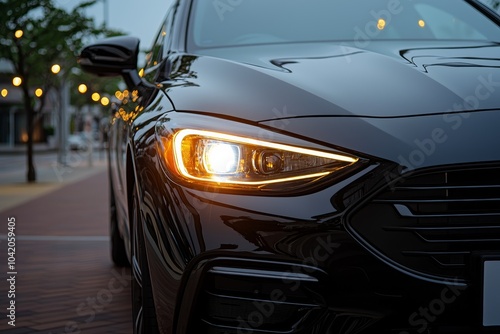 Sleek Black Car Close-Up With Illuminated Headlight and Cityscape Background - Luxury Automobile Design Concept