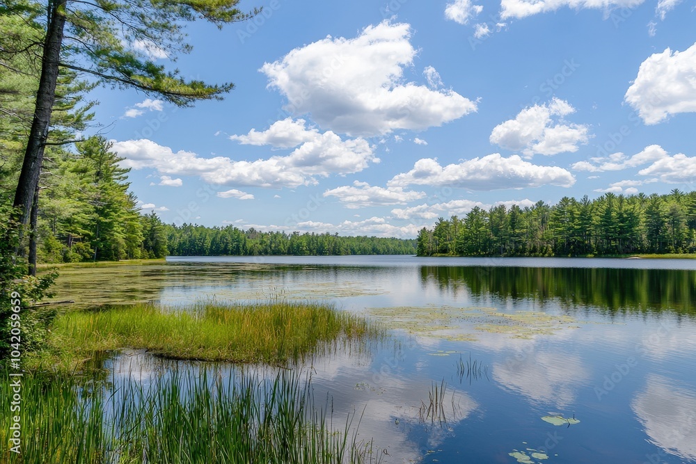 Serene summer day by the tranquil lake surrounded by lush greenery and vibrant skies Serene summer day by the tranquil lake surrounded by lush greenery and vibrant skies