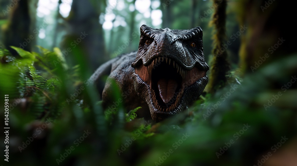 A Tyrannosaurus Rex dinosaur emerges from a dense, lush jungle, its mouth open in a fierce roar.